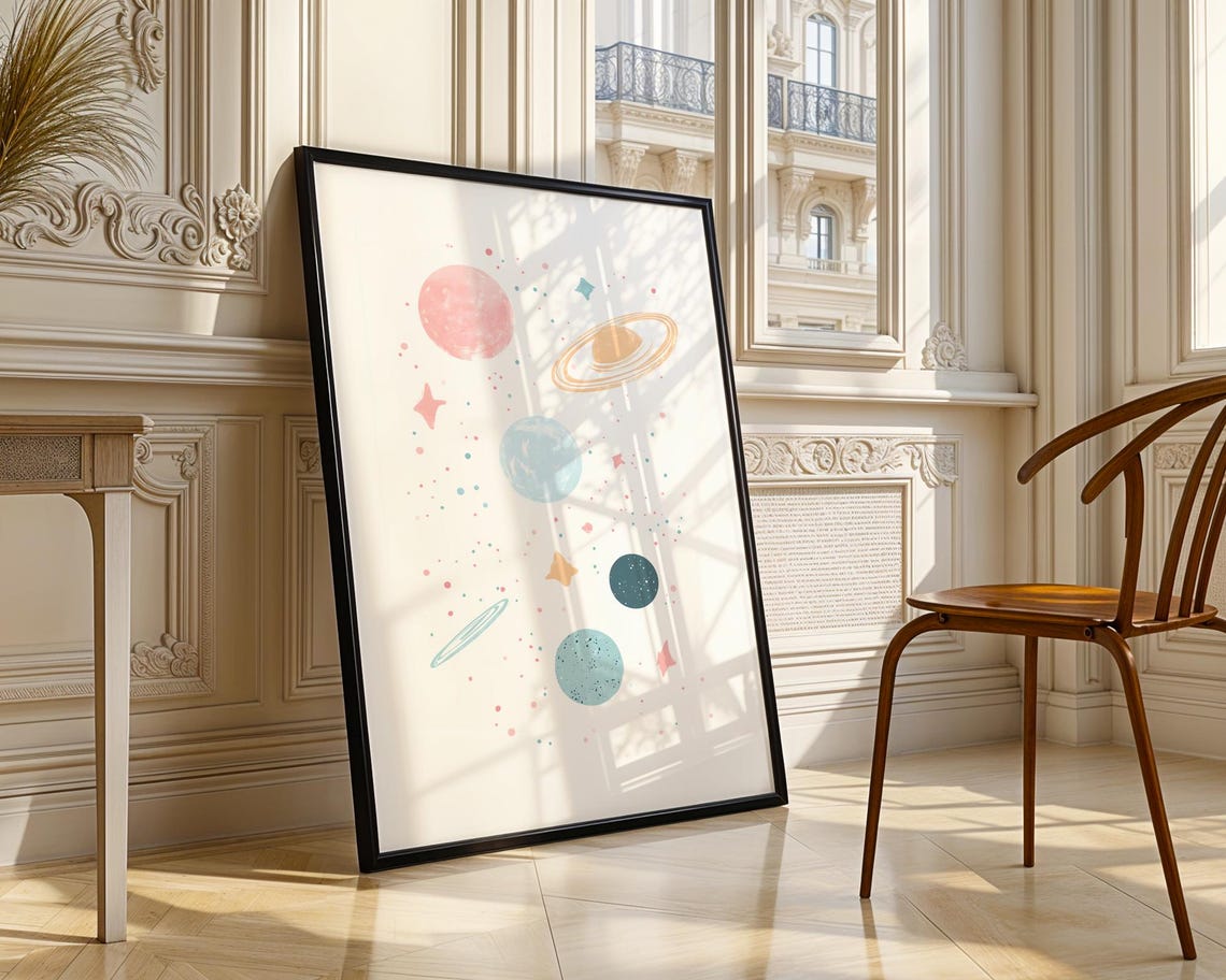 Cute Pastel Planets Stars Minimalist Nursery Space Art Poster - Image 3