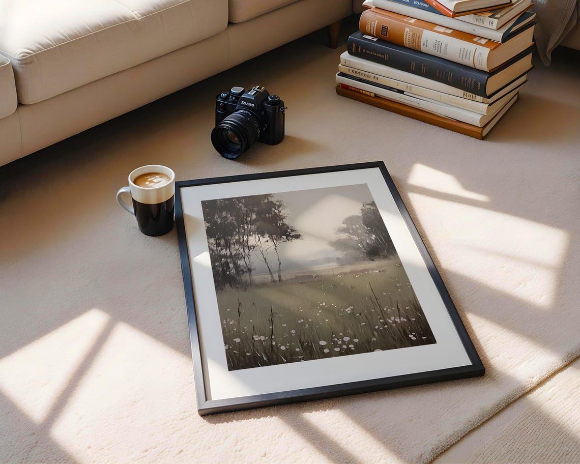 Misty Moody Black White Landscape Trees Meadow Minimalist Poster - Image 5