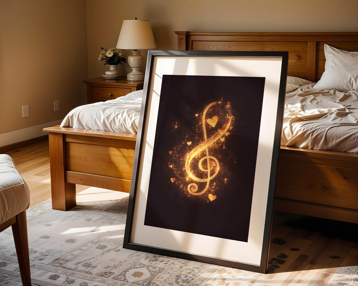 Golden Treble Clef Hearts Black Background Music Note Glow Art Poster - Image 4
