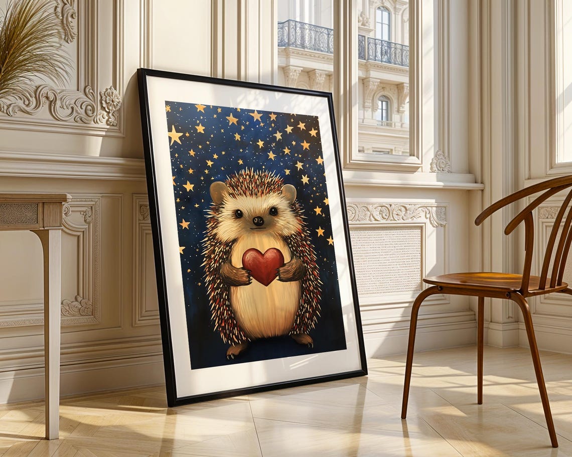 Cute Hedgehog Holding Heart Stars Night Sky Art Trendy Wall Room Decor Prints Print Nursery Gift - Image 5