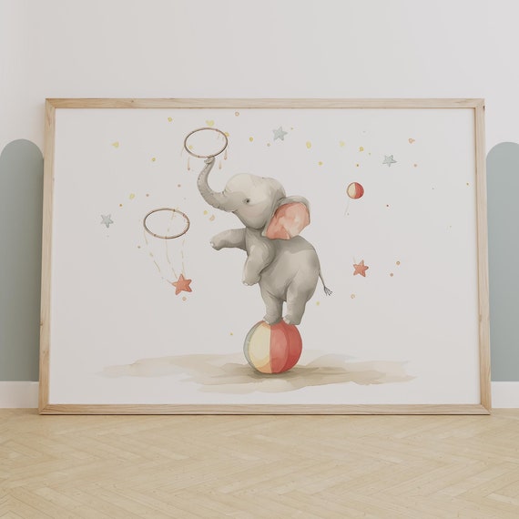 Whimsical Circus Elephant Watercolor Art Print, Nursery Decor