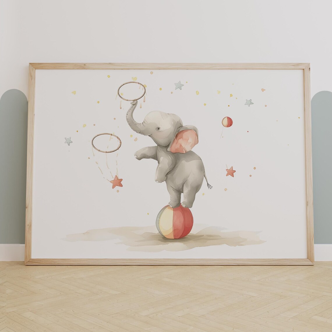 Whimsical Circus Elephant Watercolor Art Print, Nursery Decor