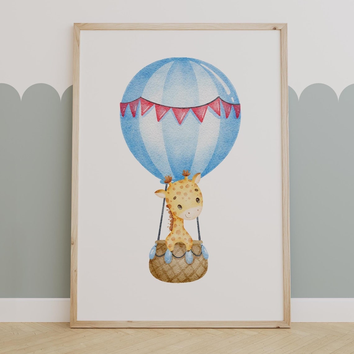 Baby Giraffe Riding In Hot Air Balloon Watercolor Nursery Poster