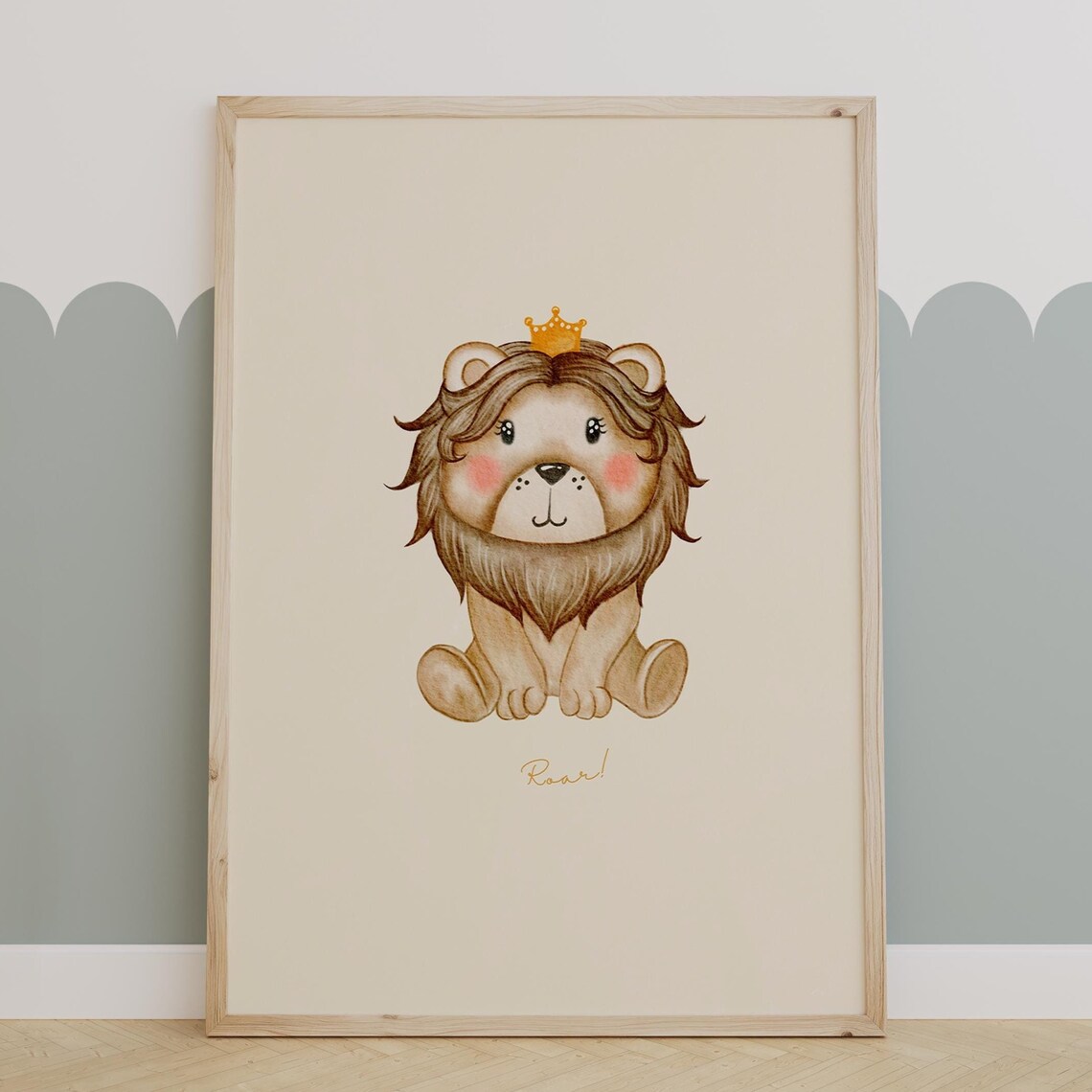 Baby Lion Wearing Gold Crown Watercolor Safari Nursery Wall Poster