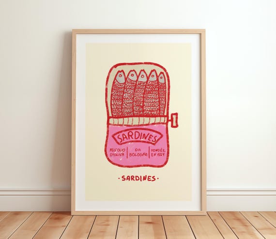 Retro Sardines Pink Tin Art Print, Vintage Kitchen Decor