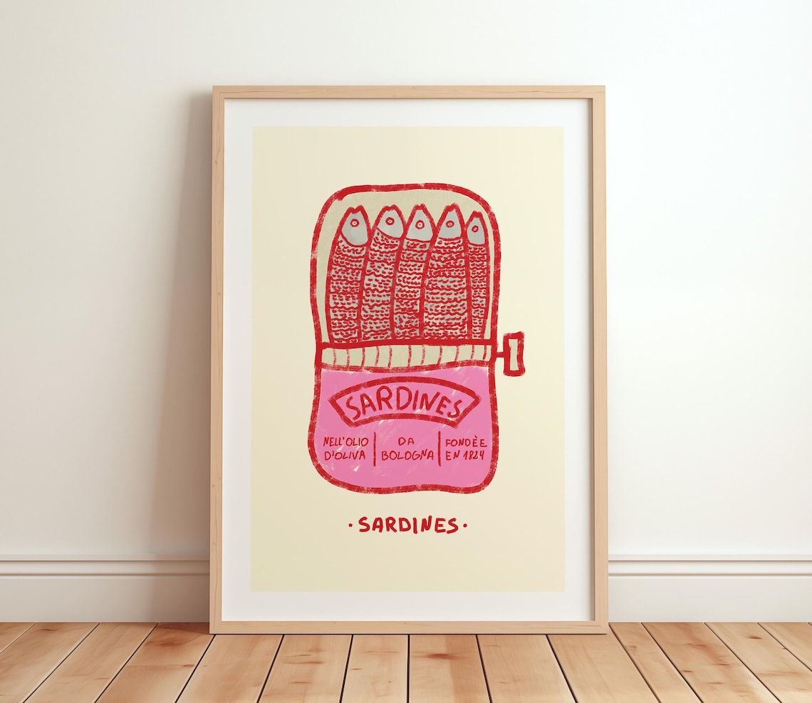 Retro Sardines Pink Tin Art Print, Vintage Kitchen Decor
