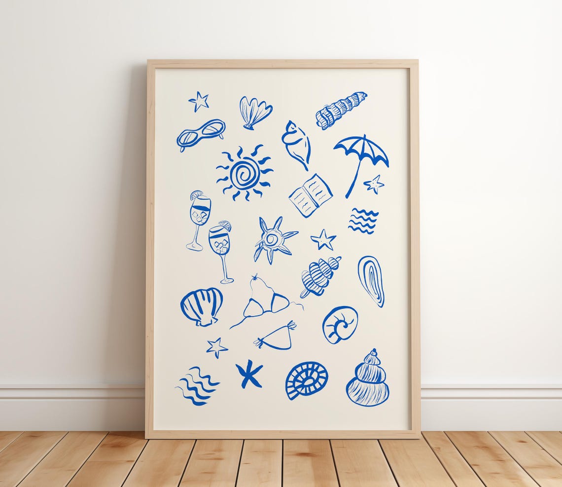Mediterranean Blue Line Drawing Beach Icons Summer Art Print