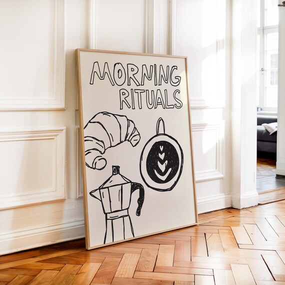 Morning Rituals Coffee Croissant Moka Pot Kitchen Art Poster