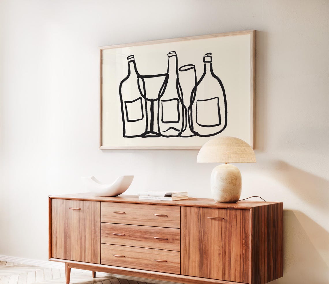 Wine Bottles Glasses Minimalist Black Line Art Kitchen Poster