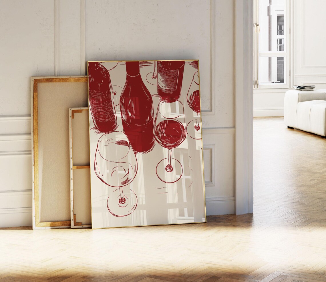 Wine Sketch Retro Kitchen Art Print, Dining Room Decor