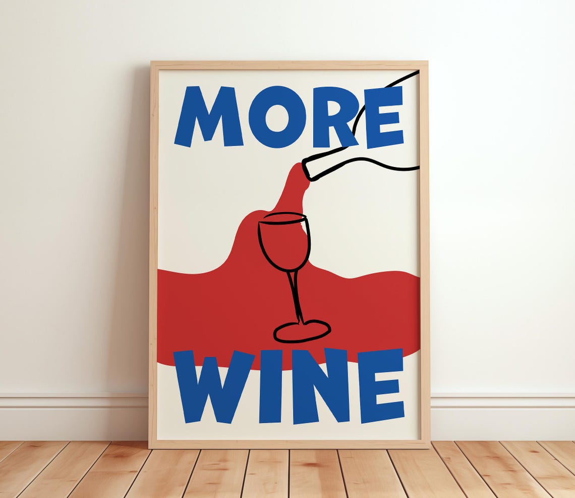 More Wine Funny Retro Bar Cart Typography Poster for Kitchens
