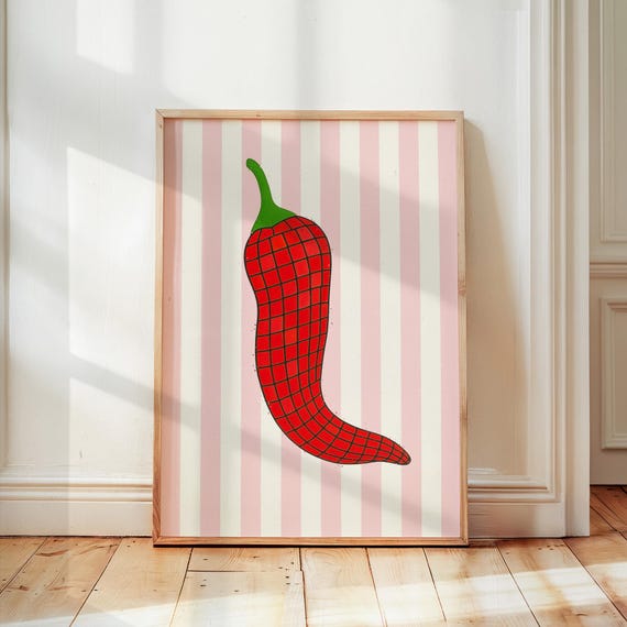Disco Ball Chili Pepper Print Funky Kitchen Wall Art Red Food Illustration Trendy Retro Home Decor Dining Room