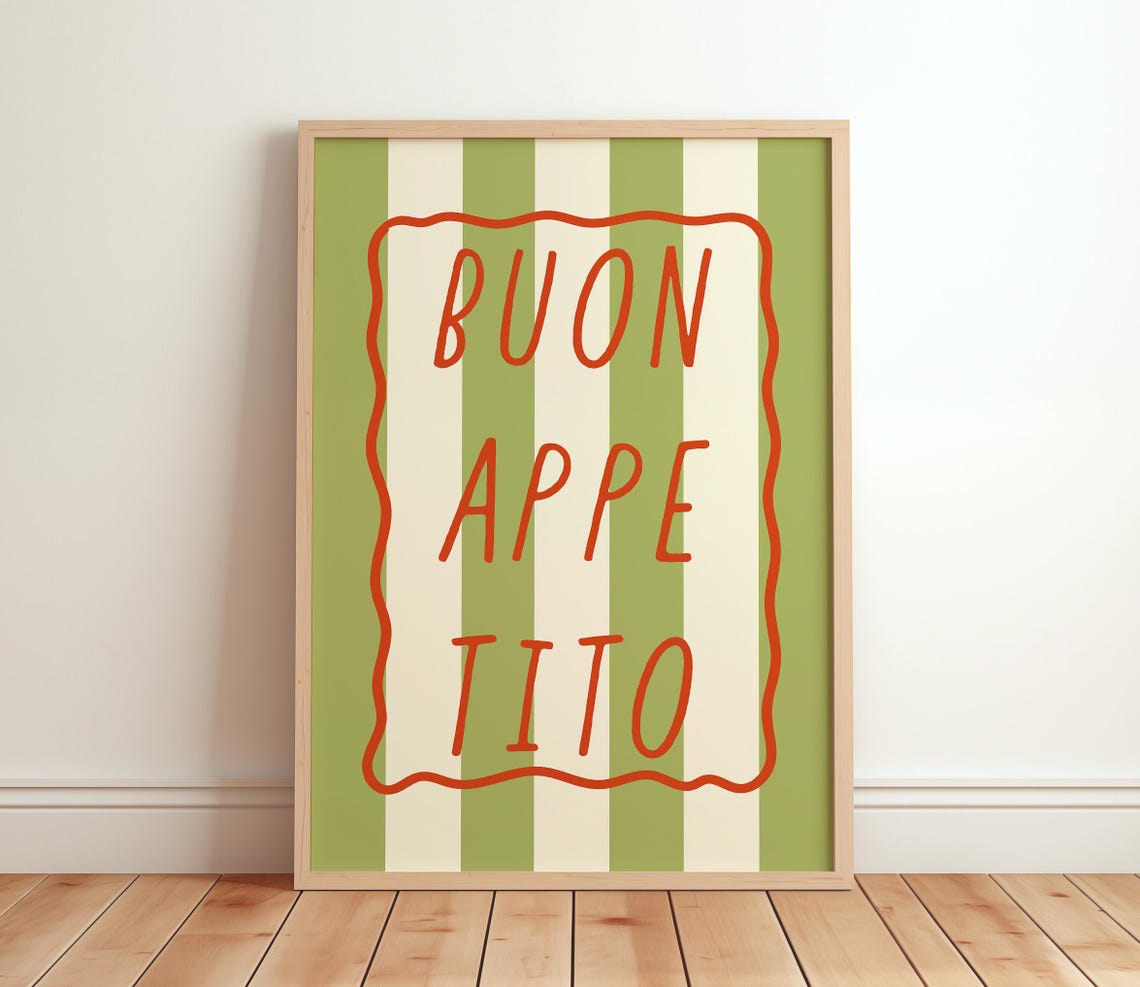 Buon Appetito Green Striped Italian Kitchen Lettering Quote Poster
