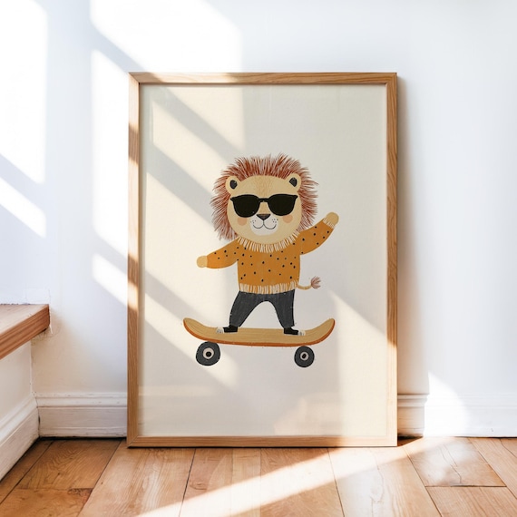 Lion Skateboarding Retro Print Nursery Wall Art Playful Child Room Decor Whimsical Animal Poster Adventurous Toddler