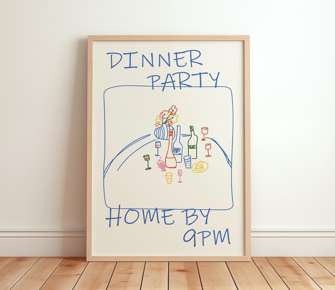 Retro Dinner Party Food And Drinks Illustrations, Poster