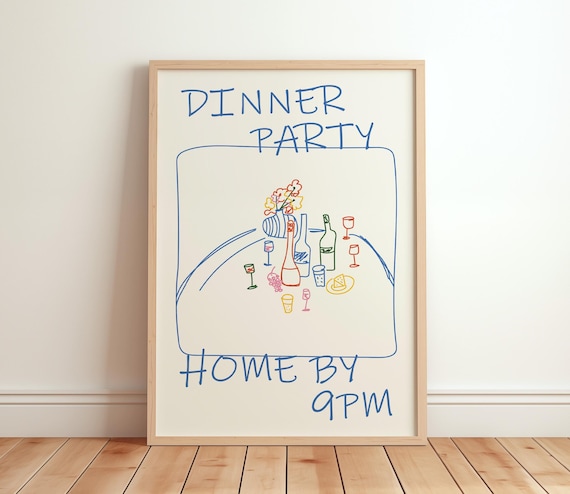 Retro Dinner Party Food And Drinks Illustrations, Poster