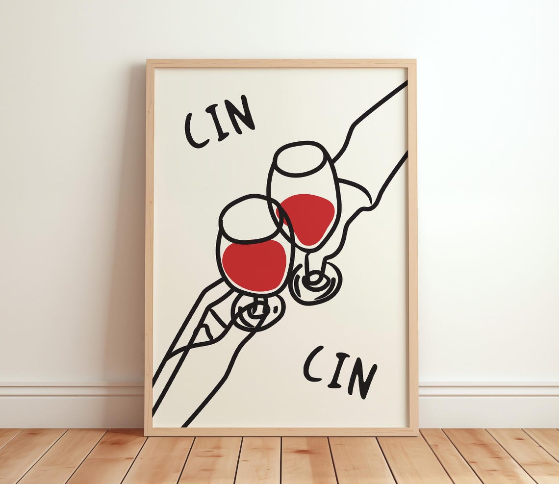 Cin Cin Cheers Clinking Red Wine Glasses Modern Line Art Poster