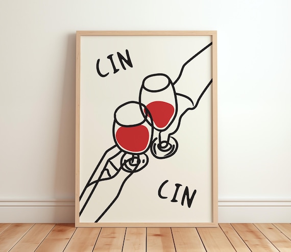 Cin Cin Cheers Clinking Red Wine Glasses Modern Line Art Poster