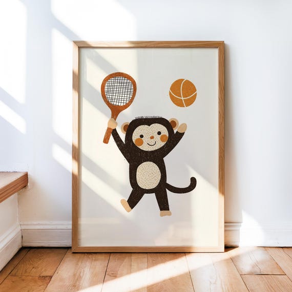 Monkey Tennis Player Retro Print Nursery Wall Art Playful Child Room Decor Whimsical Animal Poster Adventurous Toddler
