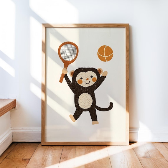 Playful Monkey Playing Tennis Jumping With Ball Nursery Art Poster