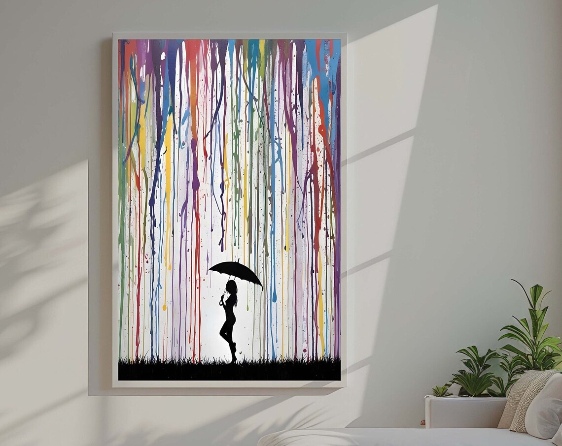 Woman Silhouette Umbrella Under Rainbow Paint Rain Colorful Poster