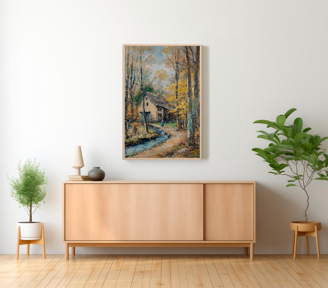 Spring Country Oil Painting Vintage Stream Landscape Print Rustic Farmhouse Cottage Print Art Art - Image 2