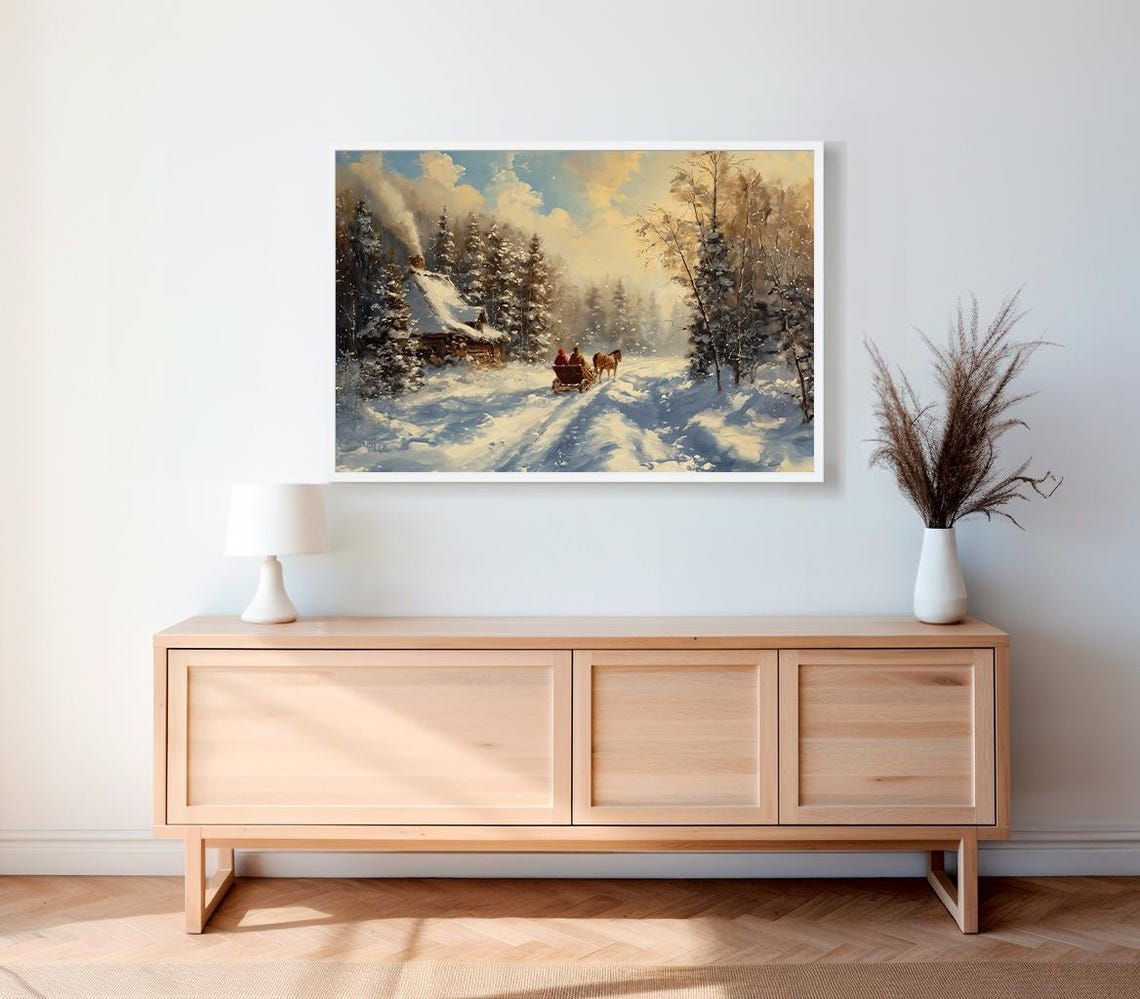 Horse Drawn Sleigh Past A Snowy Forest Cabin Winter Art Poster - Image 2