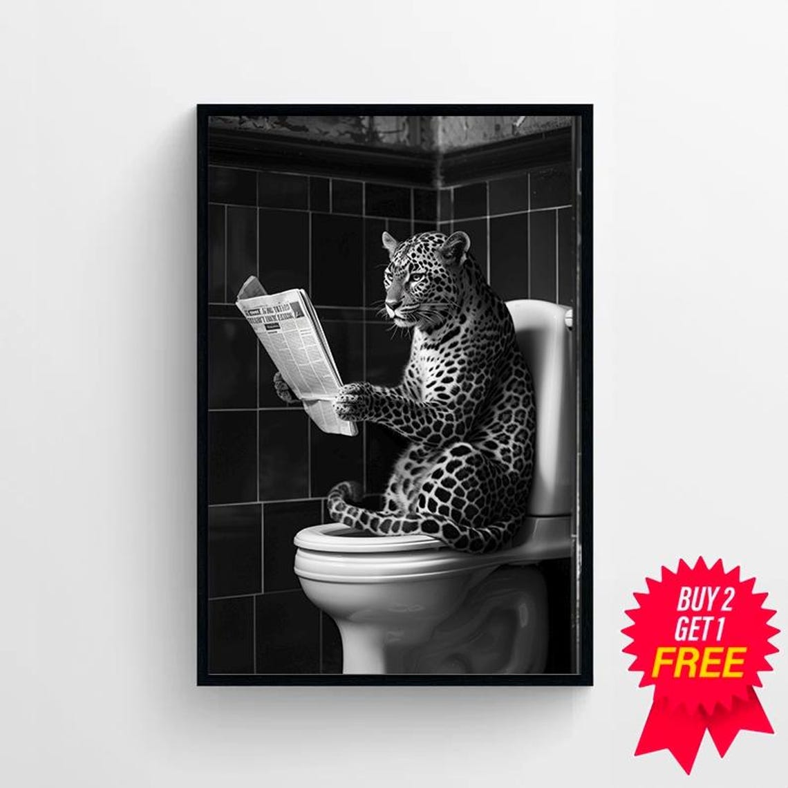 Leopard on Toilet Reading Newspaper Funny Black and White Art Poster - Image 4
