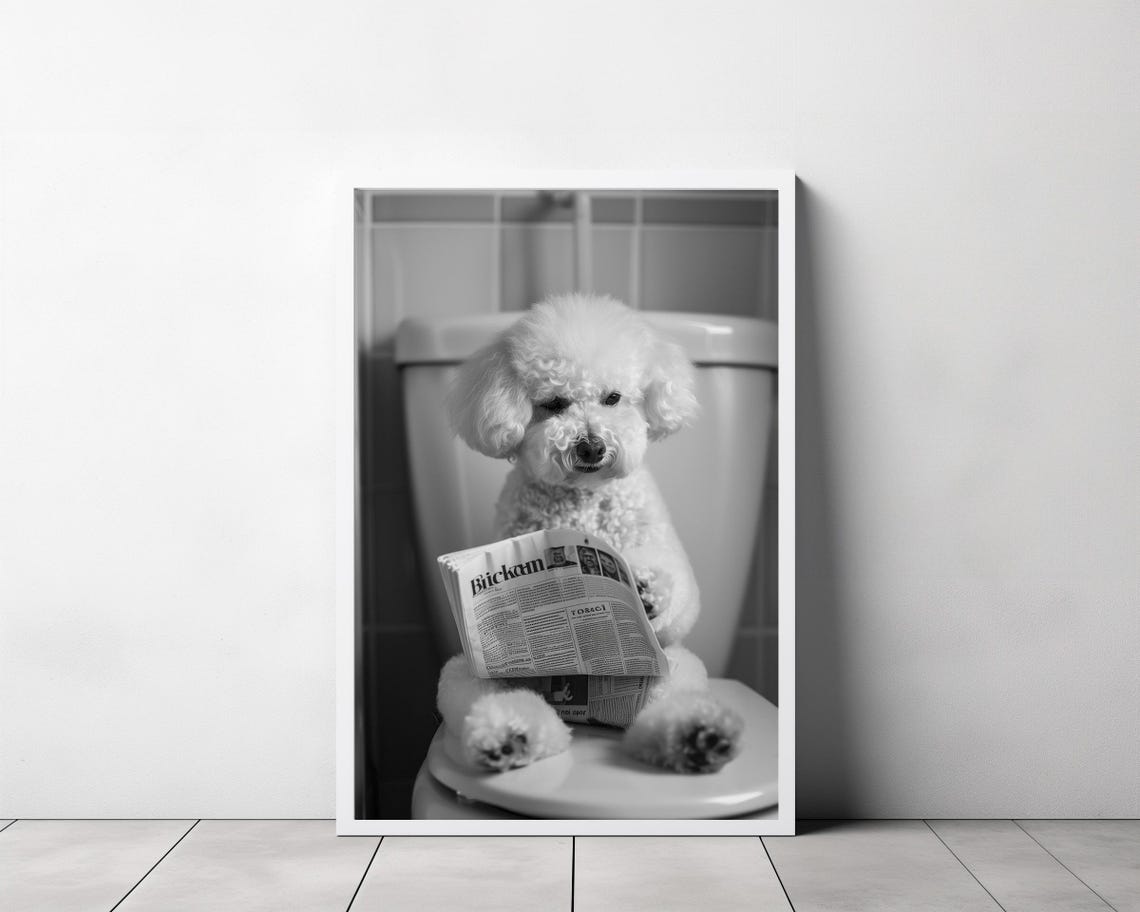 Funny White Dog Reading a Newspaper While on the Toilet Poster - Image 3