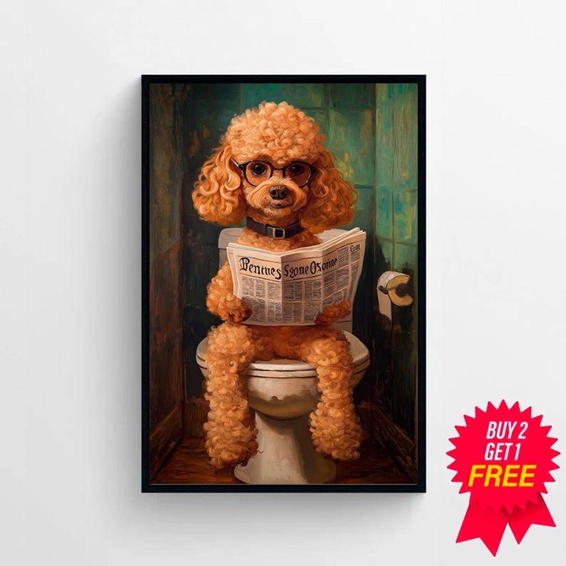 Smart Poodle With Glasses Reading Newspaper on Toilet Art Poster - Image 4