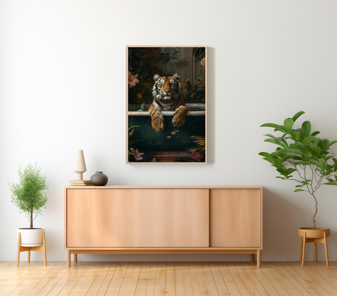 Tiger Relaxing in Bathtub Jungle Plants Maximalist Art Poster - Image 2