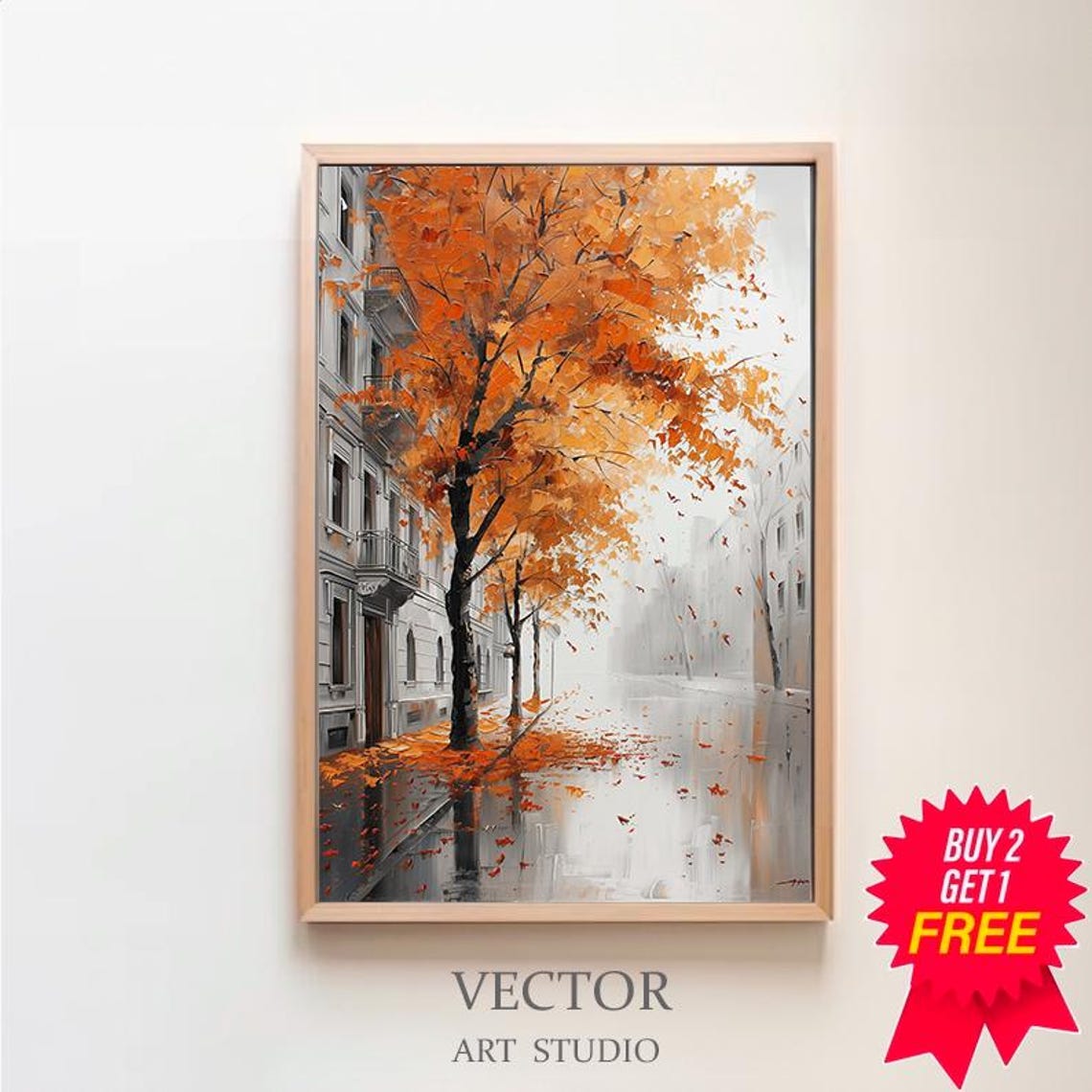 Impressionist Autumn City Street with a Blazing Orange Tree Poster