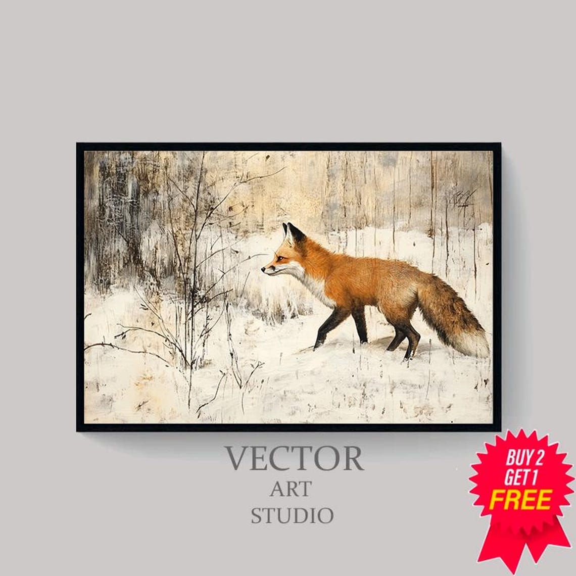 Red Fox Walking Through Falling Snow Vintage Winter Painting Poster - Image 4