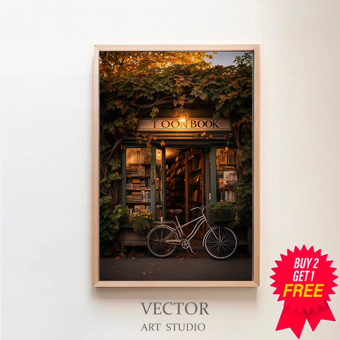 Ivy-Covered Bookshop Storefront Bicycle Autumn Evening Art Poster