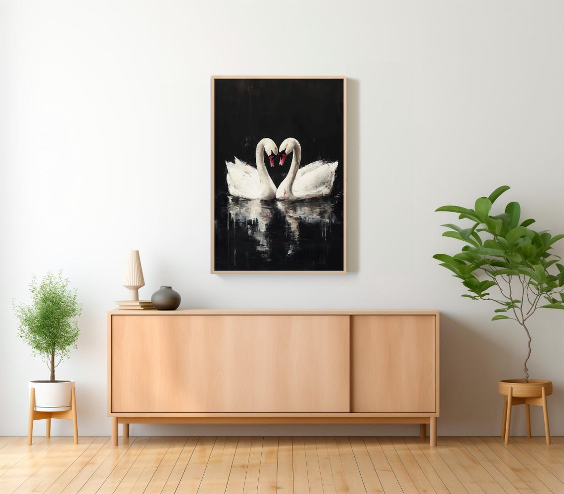 Two White Swans Forming a Heart on Dark Water Oil Painting Poster - Image 2