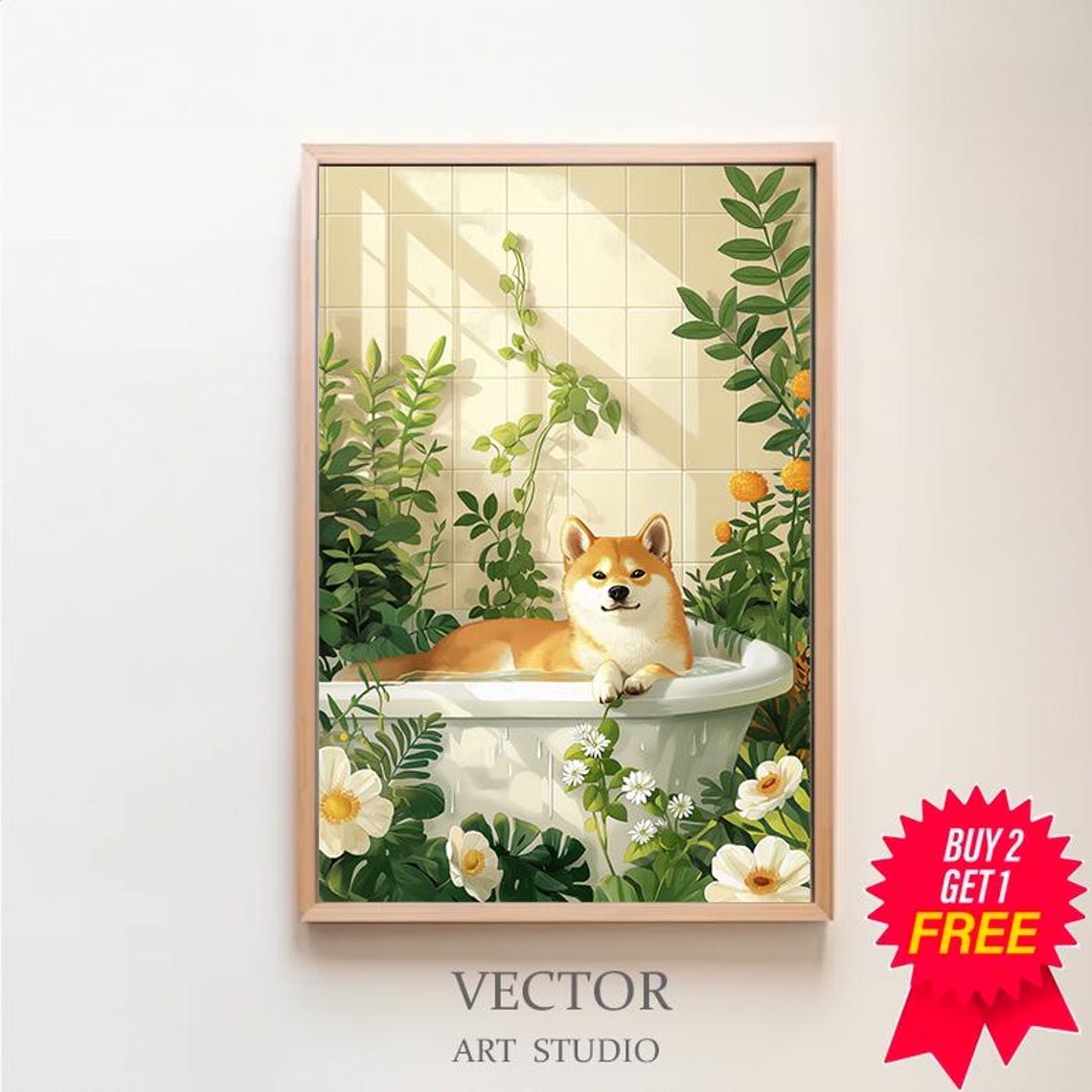 Smiling Shiba Inu in Sunny Bathtub with White Daisies Poster