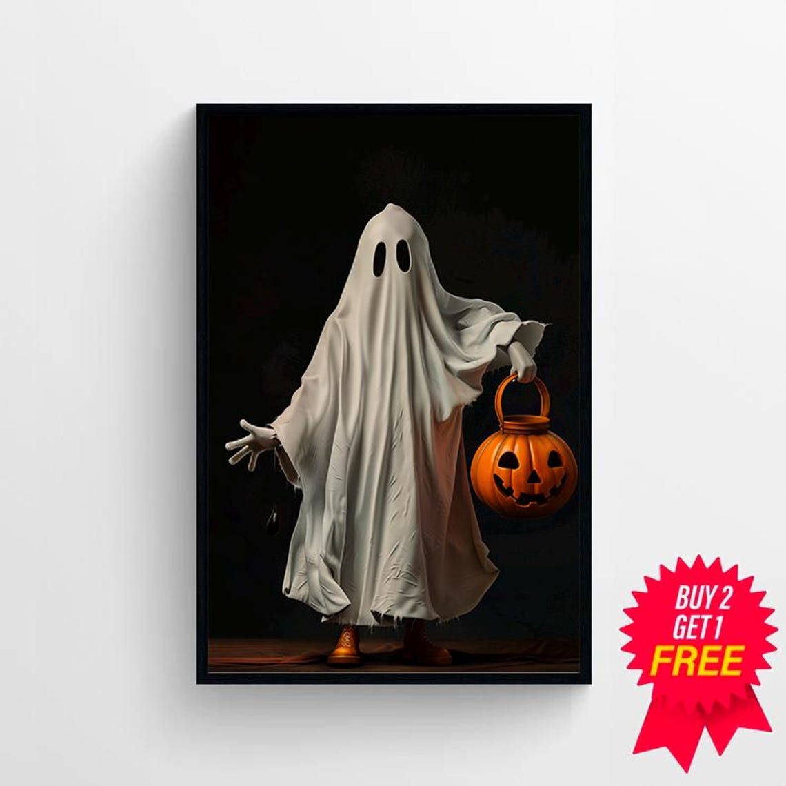 Ghost Trick or Treater Holding Pumpkin Bucket Cute Halloween Poster - Image 4