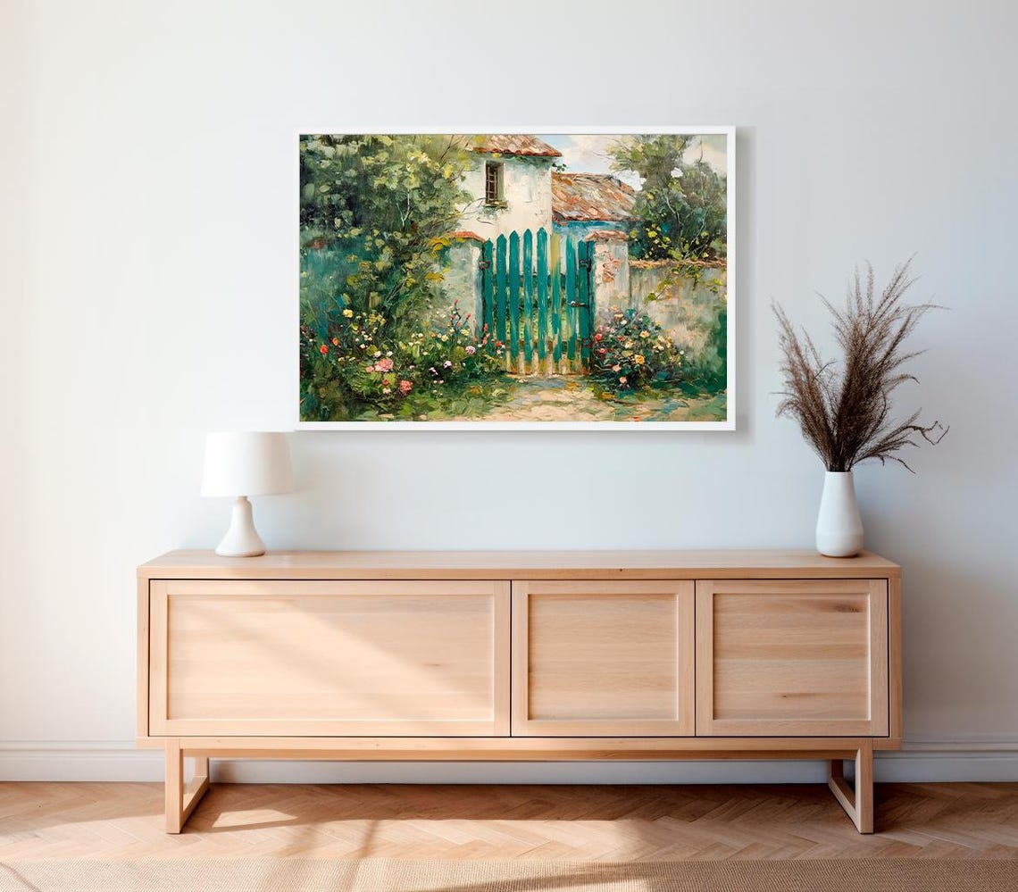 Country Cottage Garden Behind Tall Teal Gate Rustic Summer Art Poster - Image 2