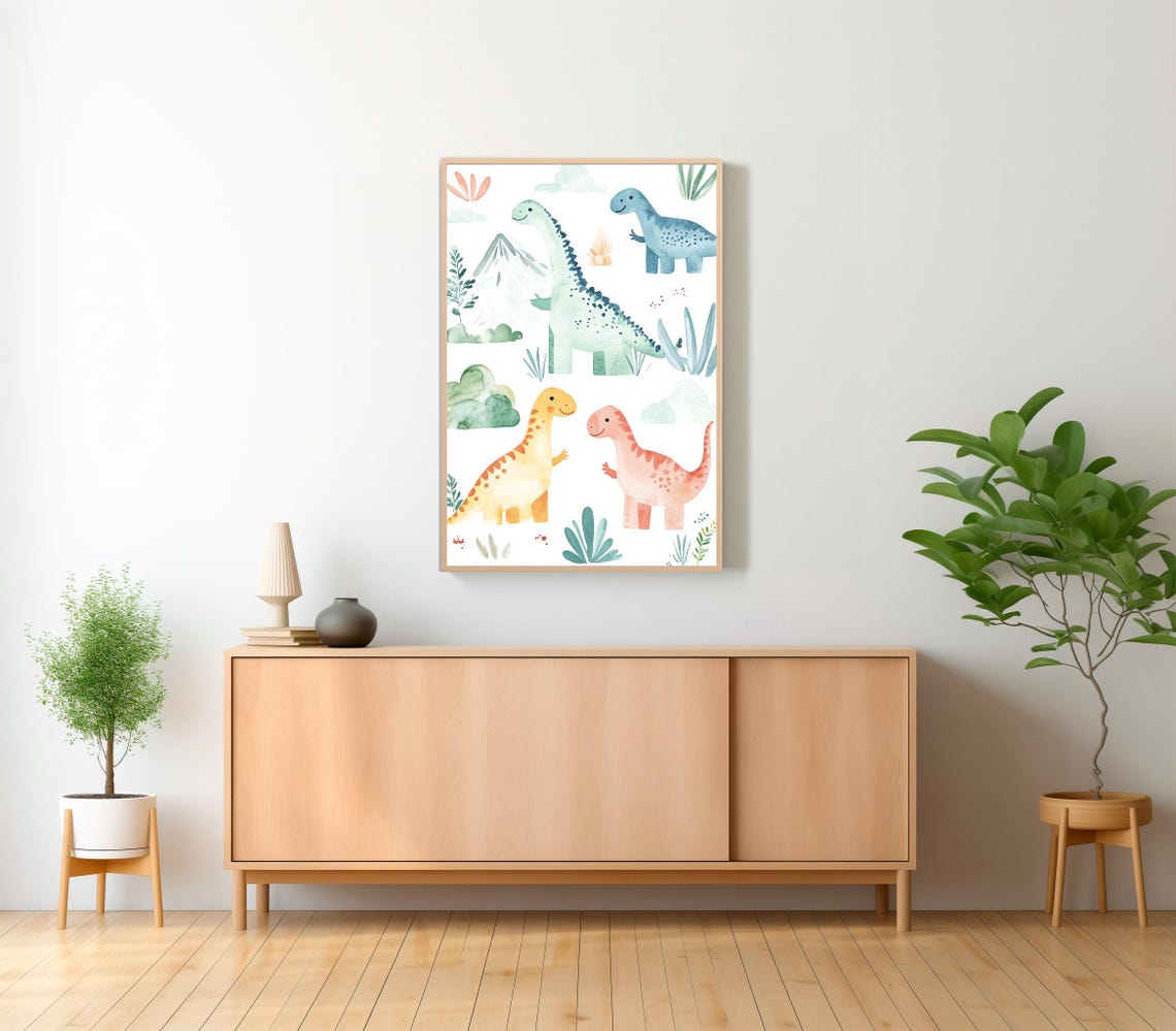Four Cute Baby Watercolor Dinosaurs on a Clean Kids Nursery Wall Art - Image 2