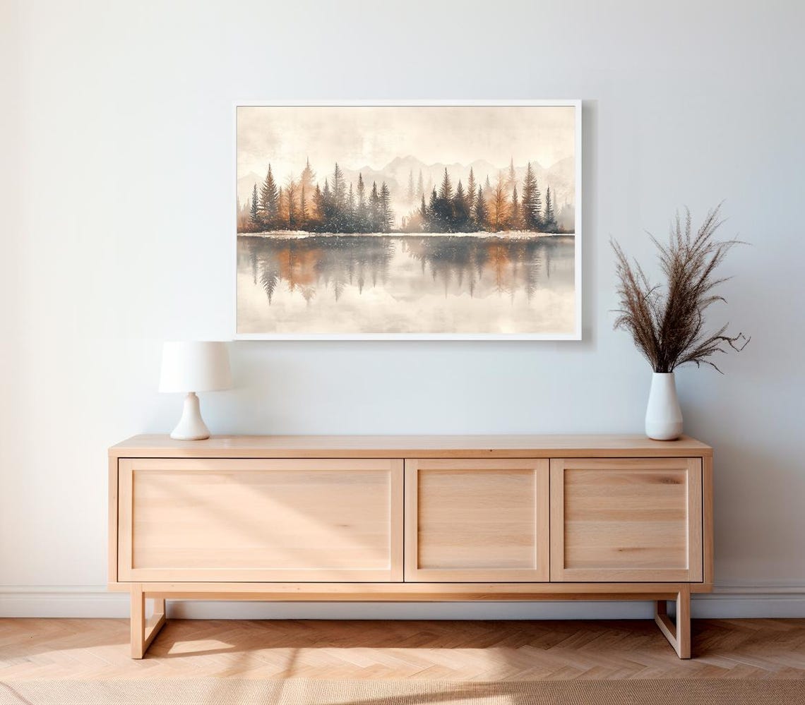 Misty Evergreen Forest Reflected in a Still Mountain Lake Art Poster - Image 2