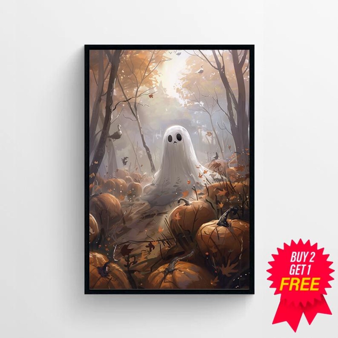 Ghost Standing In Pumpkin Patch With Crows Flying Autumn Halloween Poster - Image 4