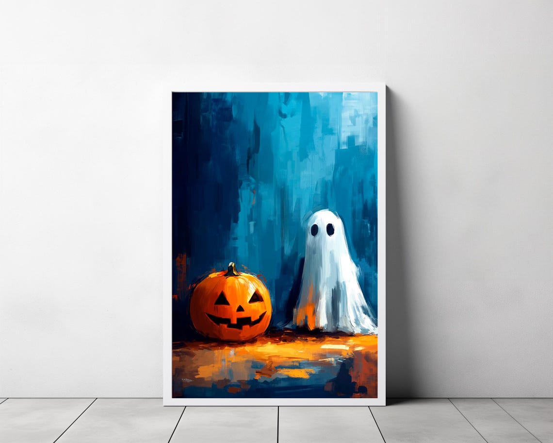 Jack-o-Lantern Pumpkin With Sheet Ghost Painterly Night Poster - Image 3