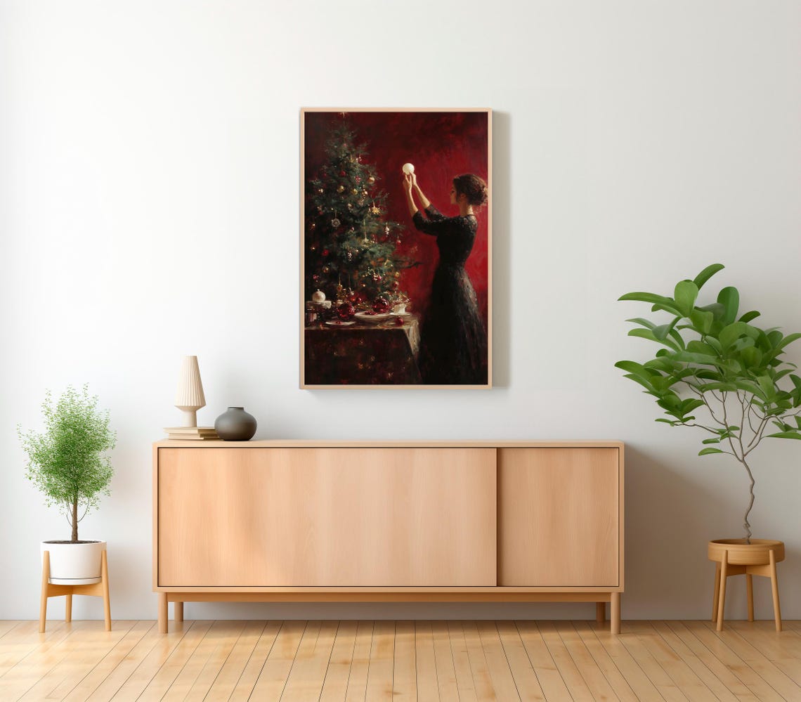 Victorian Woman Decorating Christmas Tree On Crimson Wall Poster - Image 2