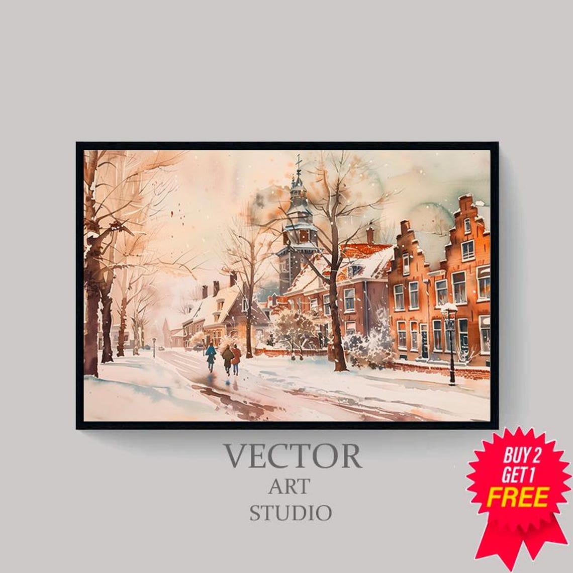Snowy Dutch Style Village Winter Street Watercolor Painting Poster - Image 4