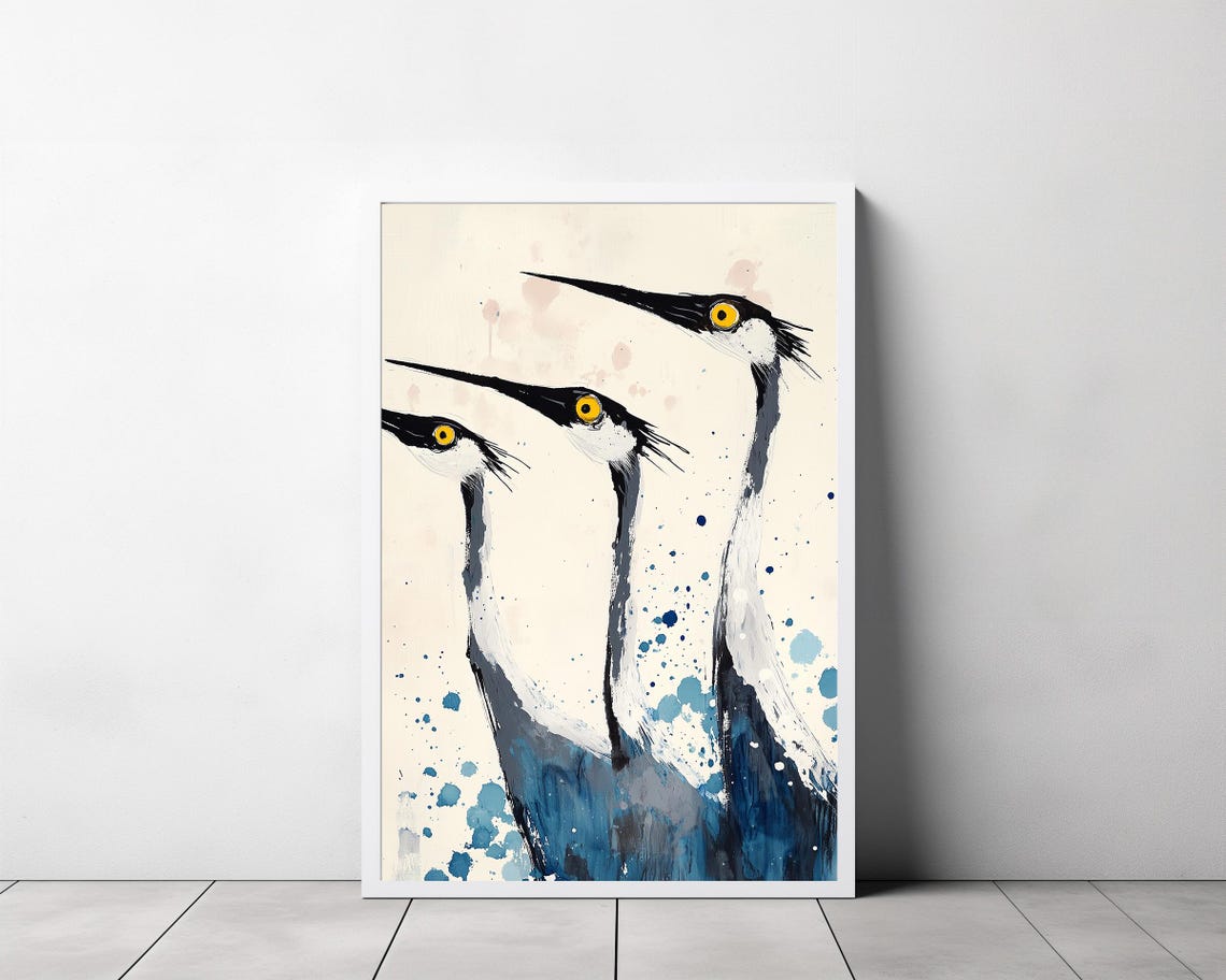 Three Elegant Long-Necked Birds in Blue Watercolor Painting Poster - Image 3