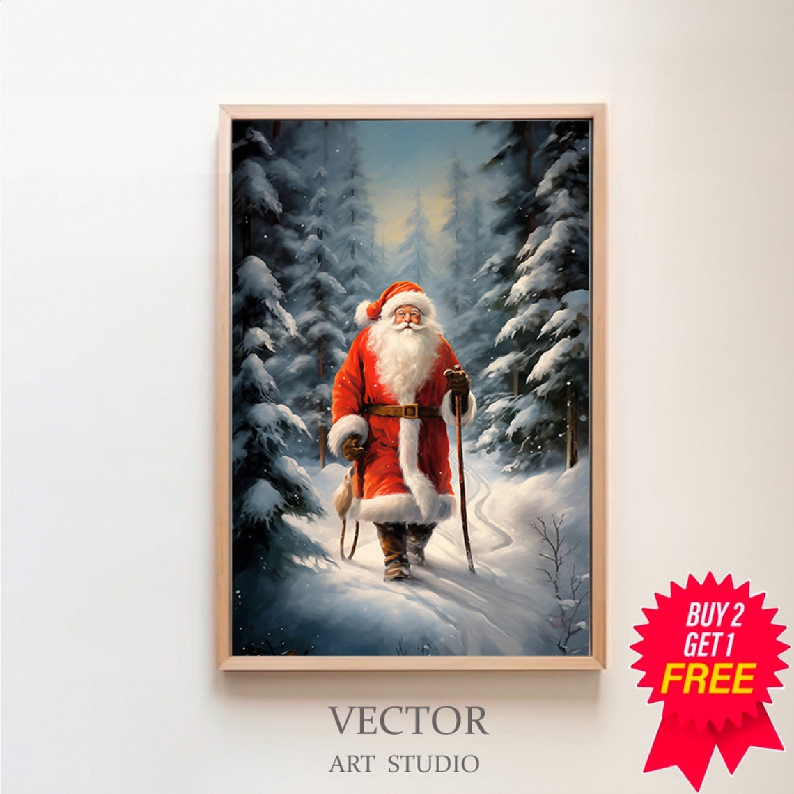Smiling Santa Claus Strolling Through a Moonlit Snowy Forest Poster