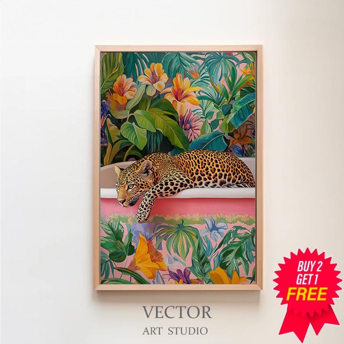 Wall Art Leopard In A Bathtub Maximalist Oil Painting Colorful Trendy Kitsch Bathroom Print Vivid Bold Dopamine Animal Picture