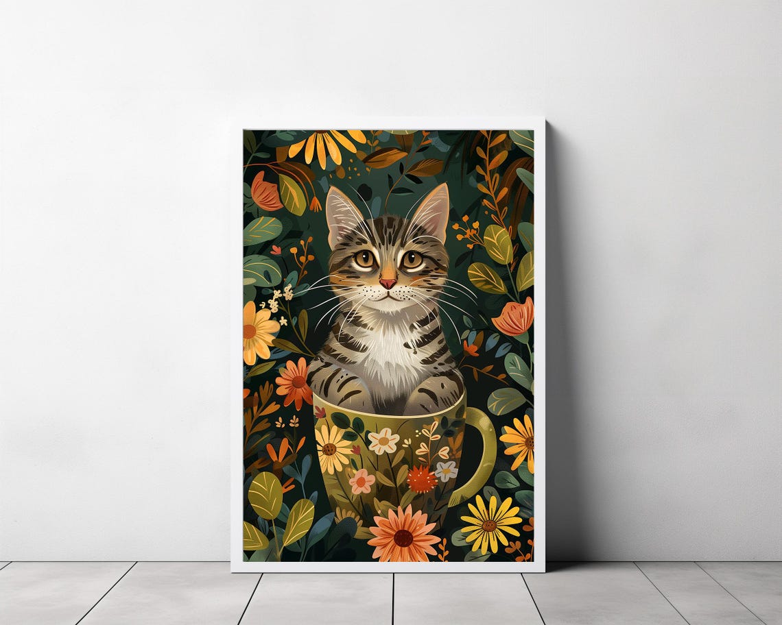 Adorable Tabby Kitten in Decorative Floral Teacup Jungle Poster - Image 3