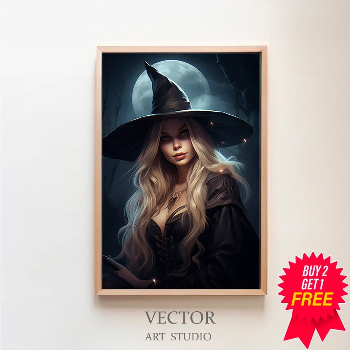 Blonde Witch Under the Full Moon Dark Gothic Fantasy Portrait Poster
