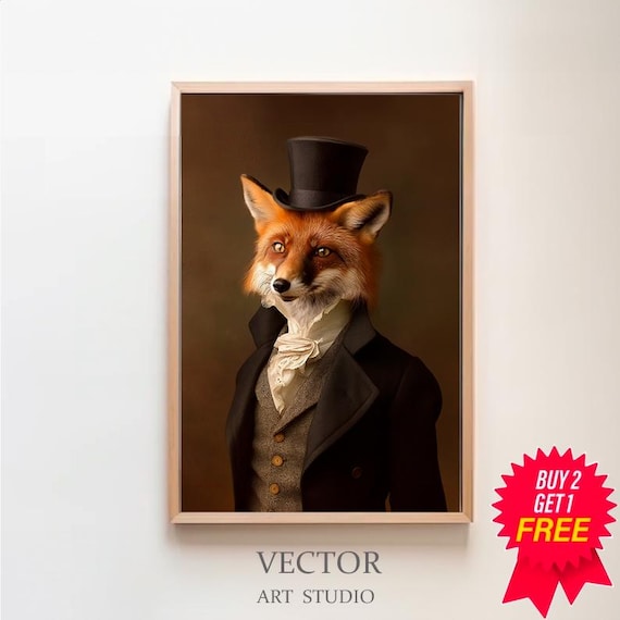 Regal Red Fox Wearing Top Hat Victorian Portrait Animal Wall Art